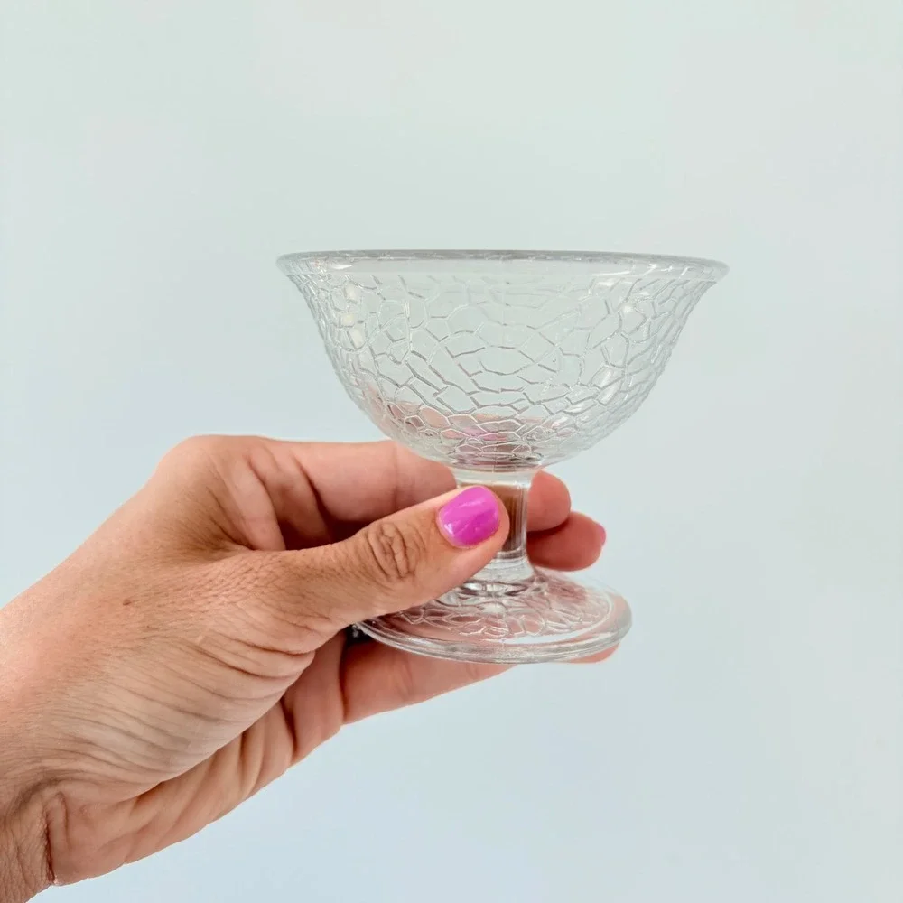 Vintage Clear Crackle Glass Dessert Bowls Set of 4 Stemmed Ice Cream Cups 4in